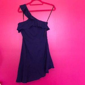 Lulu’s One Shoulder Asymmetrical Navy Ruffle Dress